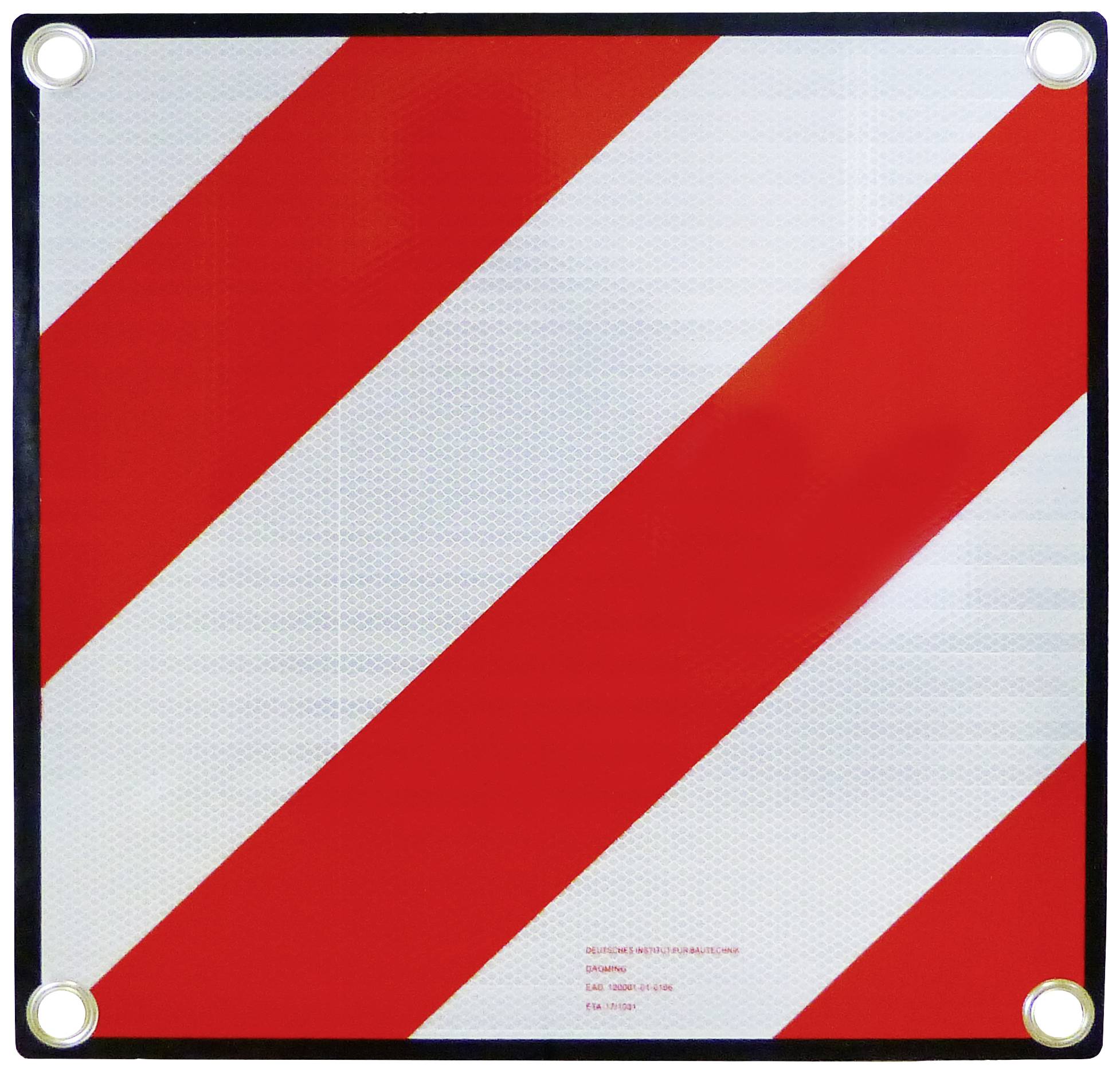 Vierkantiges Schild mit diagonal verlaufenden, roten und weißen Streifen, oft zur Markierung von Fahrzeugüberständen verwendet.