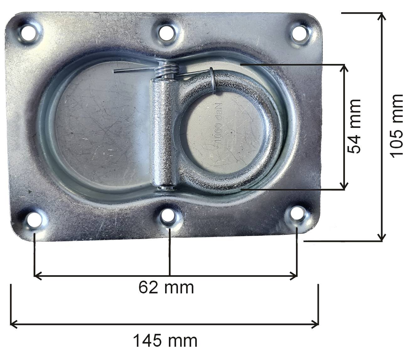 Rechteckige Metallplatte mit einem versenkten Griff. Maße: 145 mm x 105 mm außen, Griff verläuft 62 mm quer und 54 mm längs.