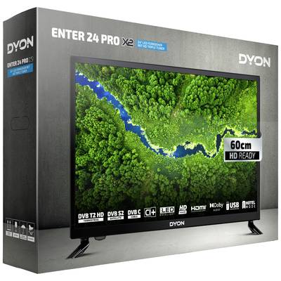 Flachbildfernseher 'DYON Enter 24 Pro' in Verpackung, zeigt Luftaufnahme eines grünen Flusses. Unterstützt HD, HDMI, USB, DVB-T2/S2/C.