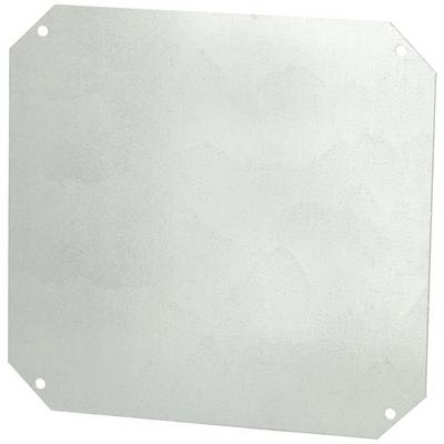 Eine quadratische Metallplatte mit abgeschrägten Ecken und vier Löchern an den Ecken, vermutlich zur Befestigung oder Abdeckung.