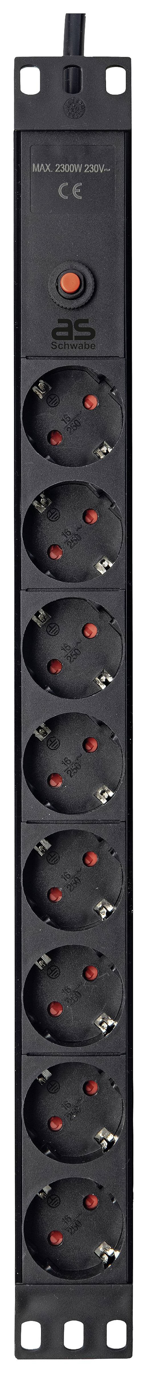 Schwarze Steckdosenleiste mit acht Steckdosen und einem Schalter oben zur Steuerung der Stromversorgung.