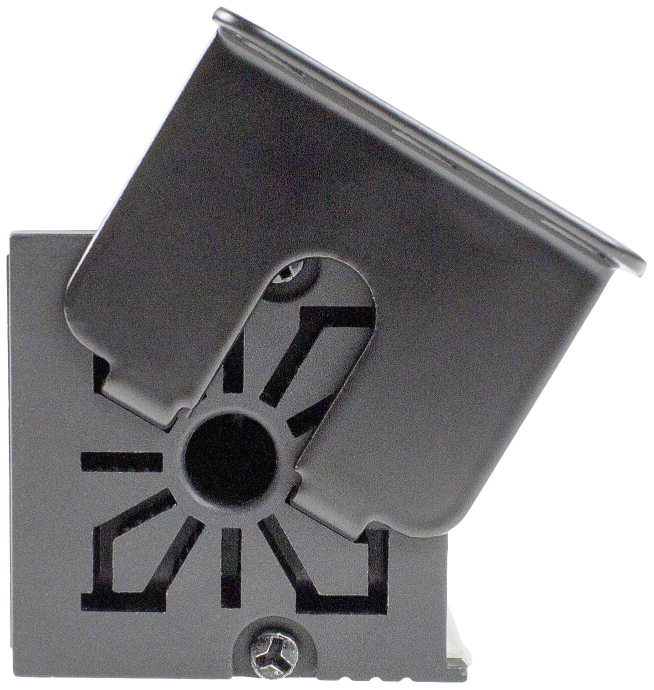 Metallhalterung mit quadratischer Basis und schräger Abdeckung. Schraube unten links sichtbar. Geeignet für industrielle Anwendungen.