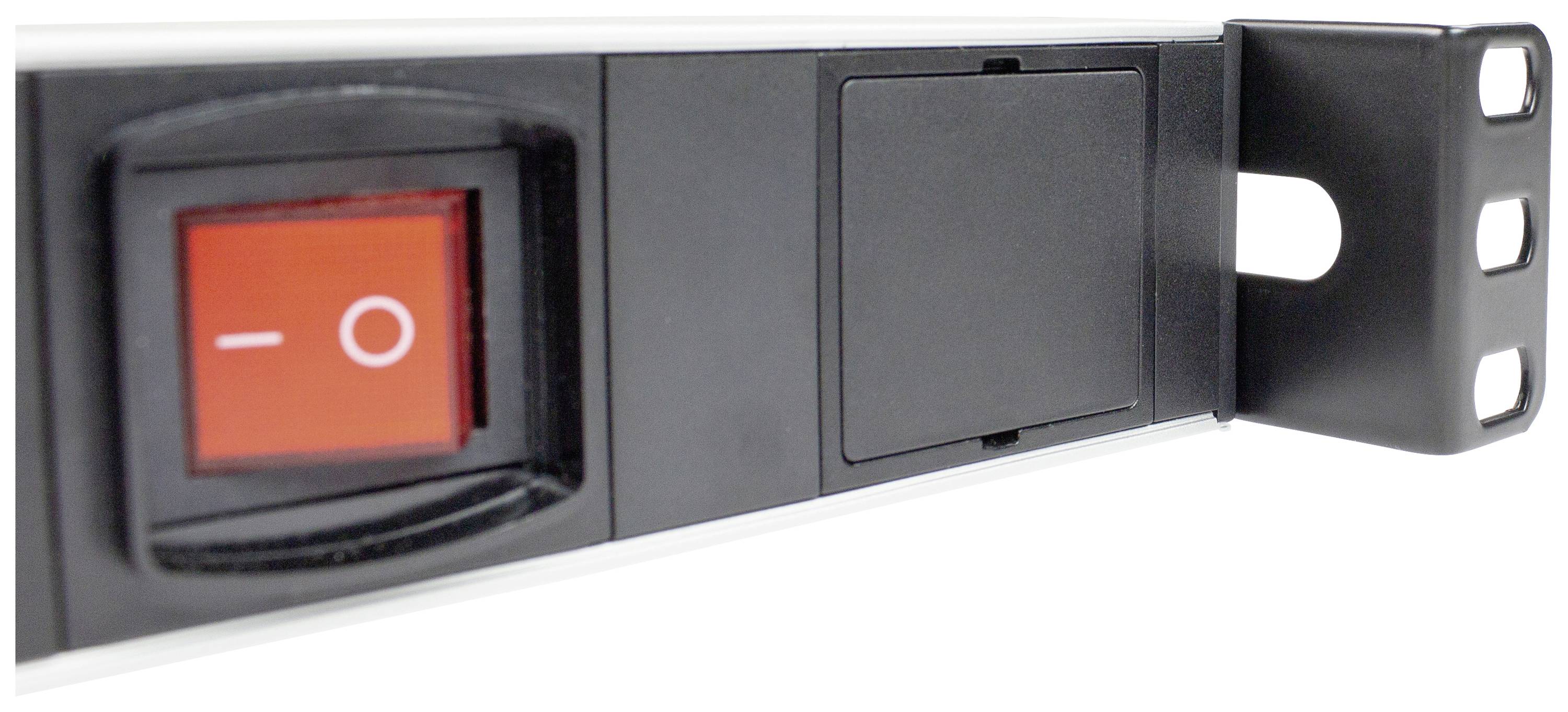 Nahaufnahme eines schwarzen Geräts mit einem roten Ein-/Ausschalter auf der linken Seite.