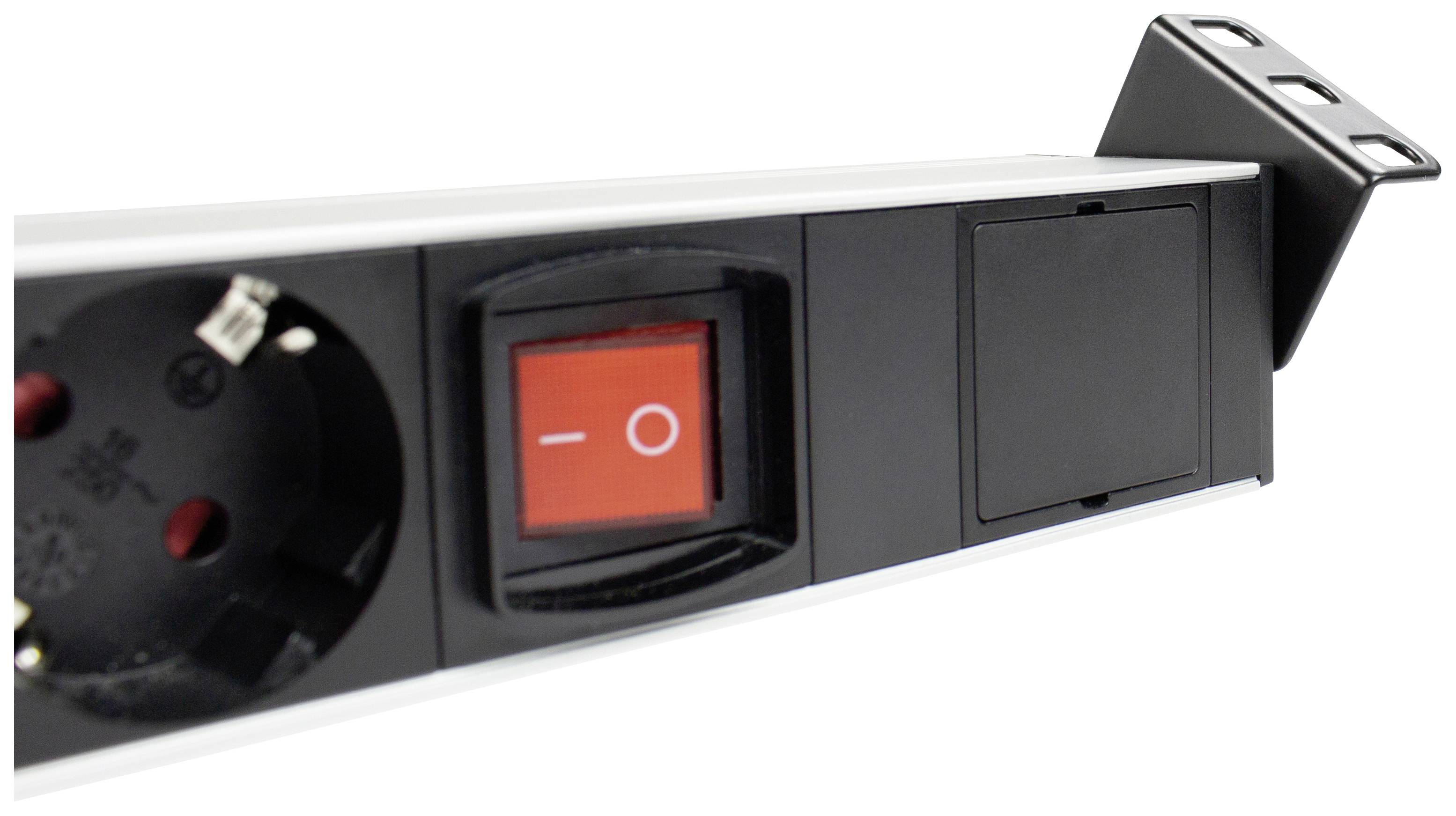 Steckdosenleiste mit rotem Schalter und mehreren Steckplätzen, geeignet für die Montage an einem Tisch oder einer Wand.