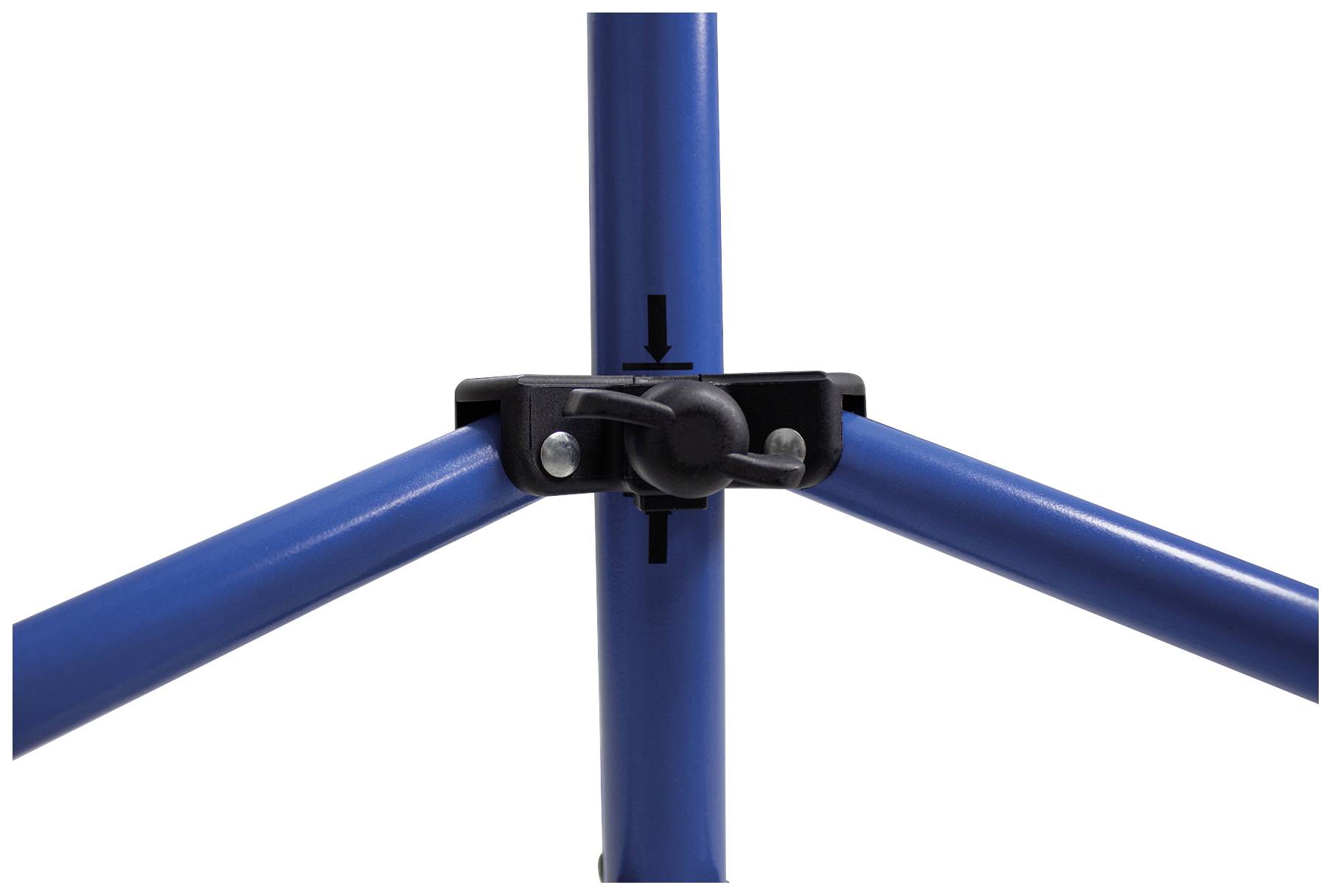 Blaue Metallstangen verbunden durch einen schwarzen Plastikverschluss mit einem Drehknopf. Arrows zeigen die Verbindungsrichtung an.