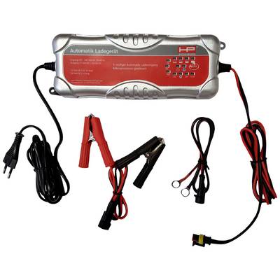 Automatisches Ladegerät mit verschiedenen Kabel- und Klemmentypen, geeignet für das Laden von Fahrzeugbatterien.