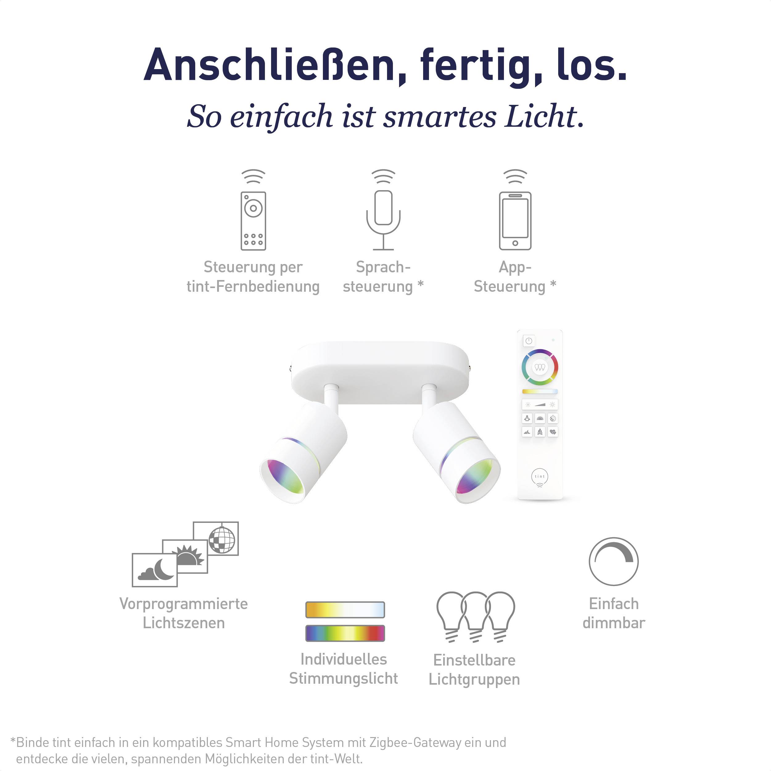 Ansicht eines Smart-Home-Beleuchtungssystems mit Fernbedienung, Sprachsteuerung, App-Steuerung. Funktionen: voreingestellte Szenen, Farbwechsel, Helligkeitsanpassung.