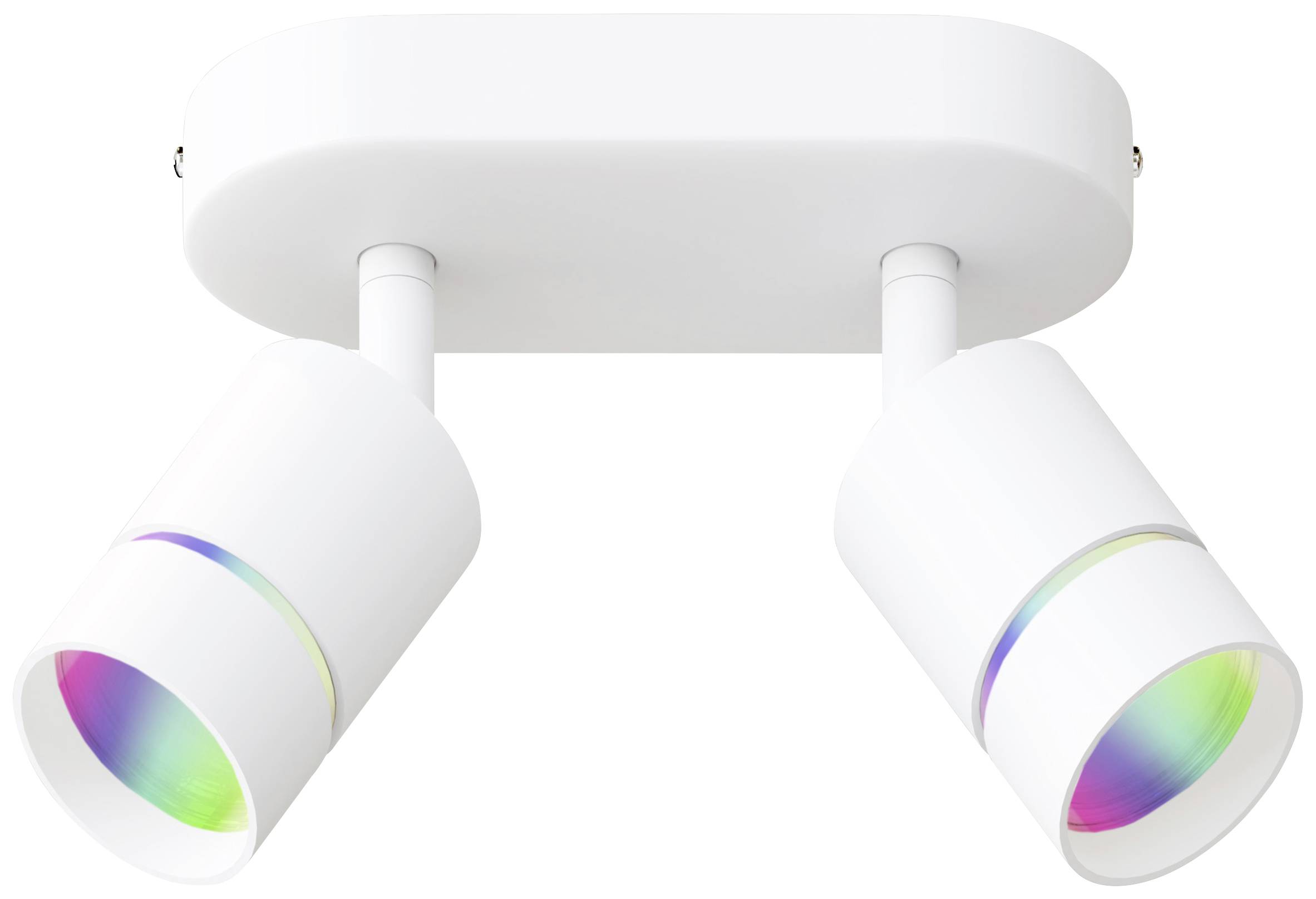 Zwei weiße Deckenstrahler mit farbigen Rändern, montiert auf einem rechteckigen Sockel.