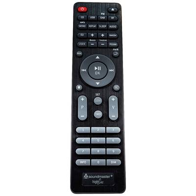 Fernbedienung mit Tasten für Lautstärke, Senderwechsel, Wiedergabe, Moduswechsel und nummerische Eingabe. Marke: Soundmaster.