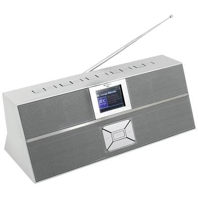Ein silbernes Radio mit ausziehbarer Antenne und digitalem Display in der Mitte. Tasten sind oben, Lautsprecher vorn.