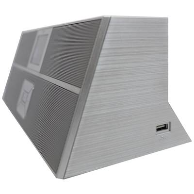 Ein moderner Lautsprecher mit USB-Anschluss an der Seite. Das Design ist dreieckig und aus gebürstetem Metall.