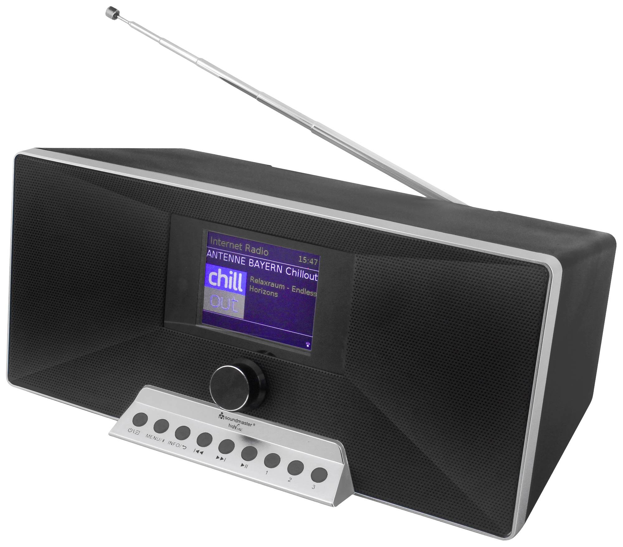 Ein modernes Radio mit Display zeigt 'ANTENNE BAYERN Chillout'. Es hat eine versenkbare Antenne sowie Tasten für Lautstärkeregelung.