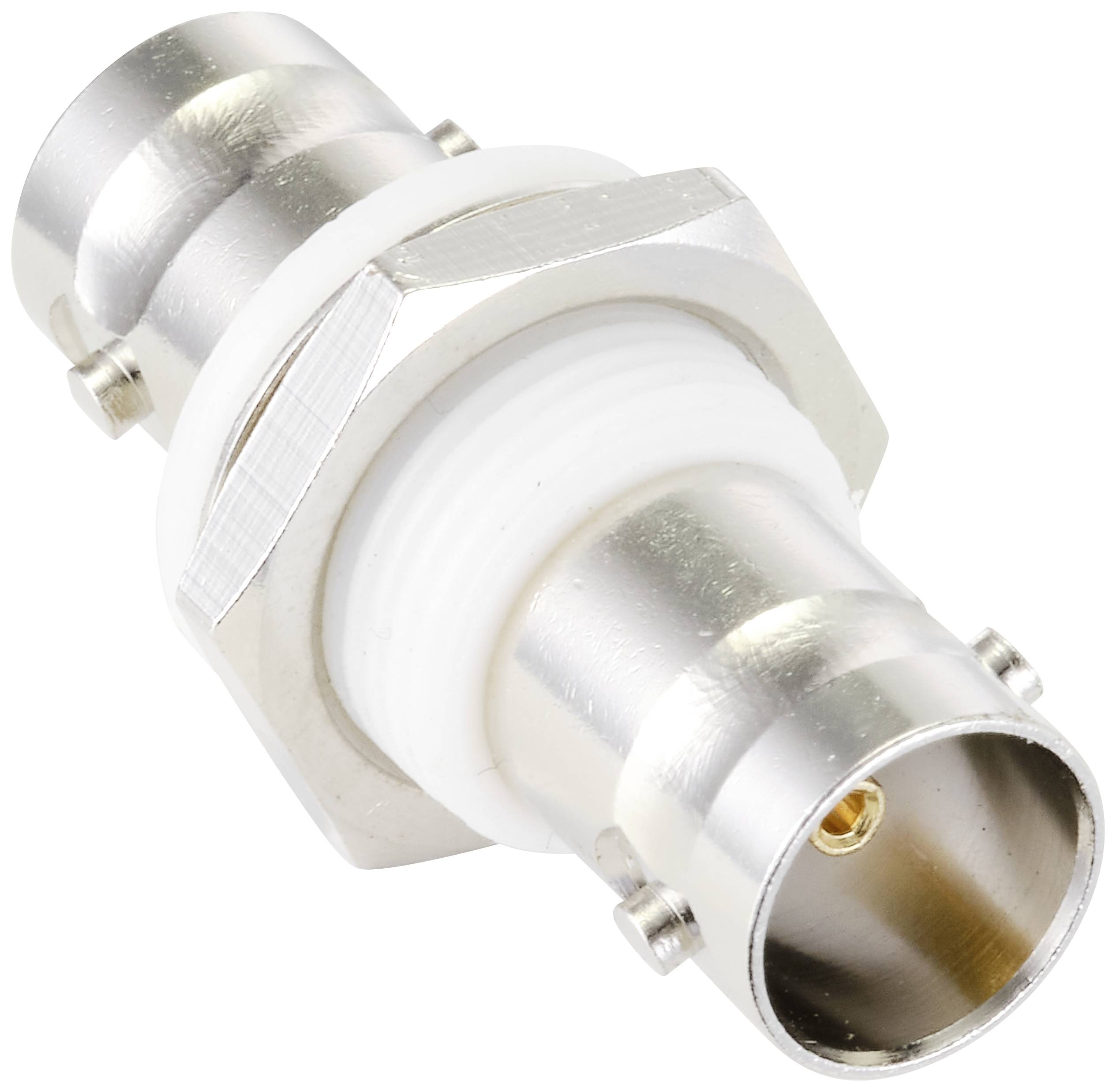 Ein Koaxial-Steckverbinder mit Metallgehäuse und isoliertem Innenleiter. Häufig in der Elektronik zur Signalübertragung verwendet.
