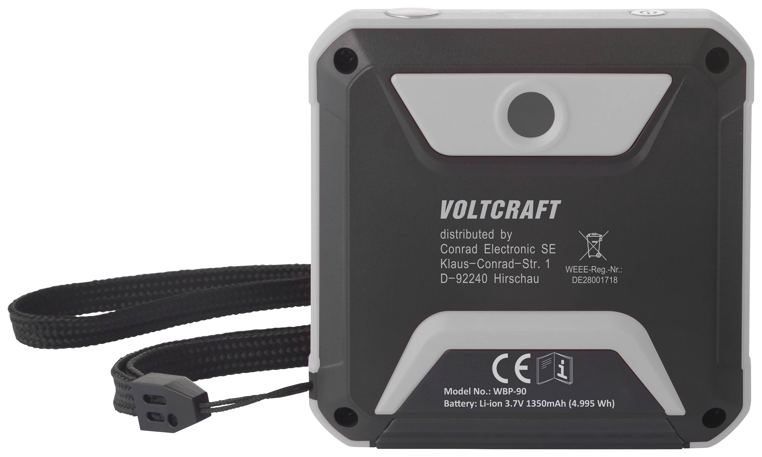 Ein schwarzes, quadratisches Gerät von Voltcraft mit weißem Rand und Trageschlaufe. Auf der Rückseite sind technische Daten aufgeführt.