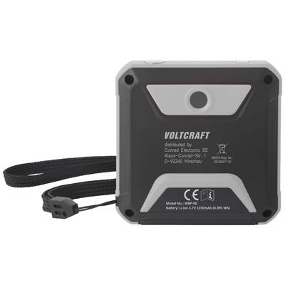 Ein schwarzes, quadratisches Gerät von Voltcraft mit weißem Rand und Trageschlaufe. Auf der Rückseite sind technische Daten aufgeführt.