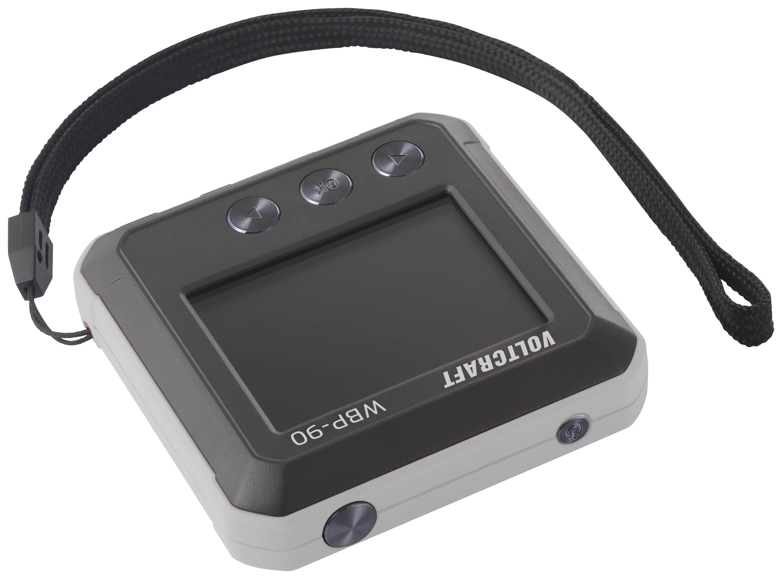 Tragbares, quadratisches Gerät mit Display und Armbandschlaufe. Tasten oben und an den Seiten. Markiert mit 'VOLTCRAFT WBP-90'.