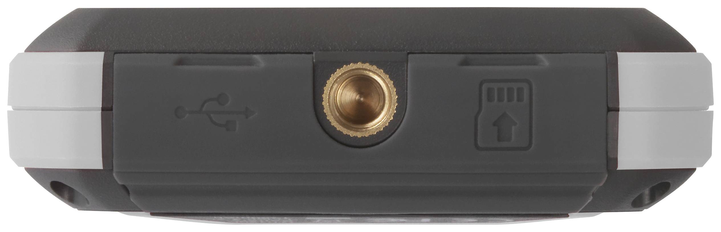 Unterseite eines elektronischen Geräts mit USB-Anschluss, einer runden Metallöffnung und einem Steckplatzsymbol rechts.