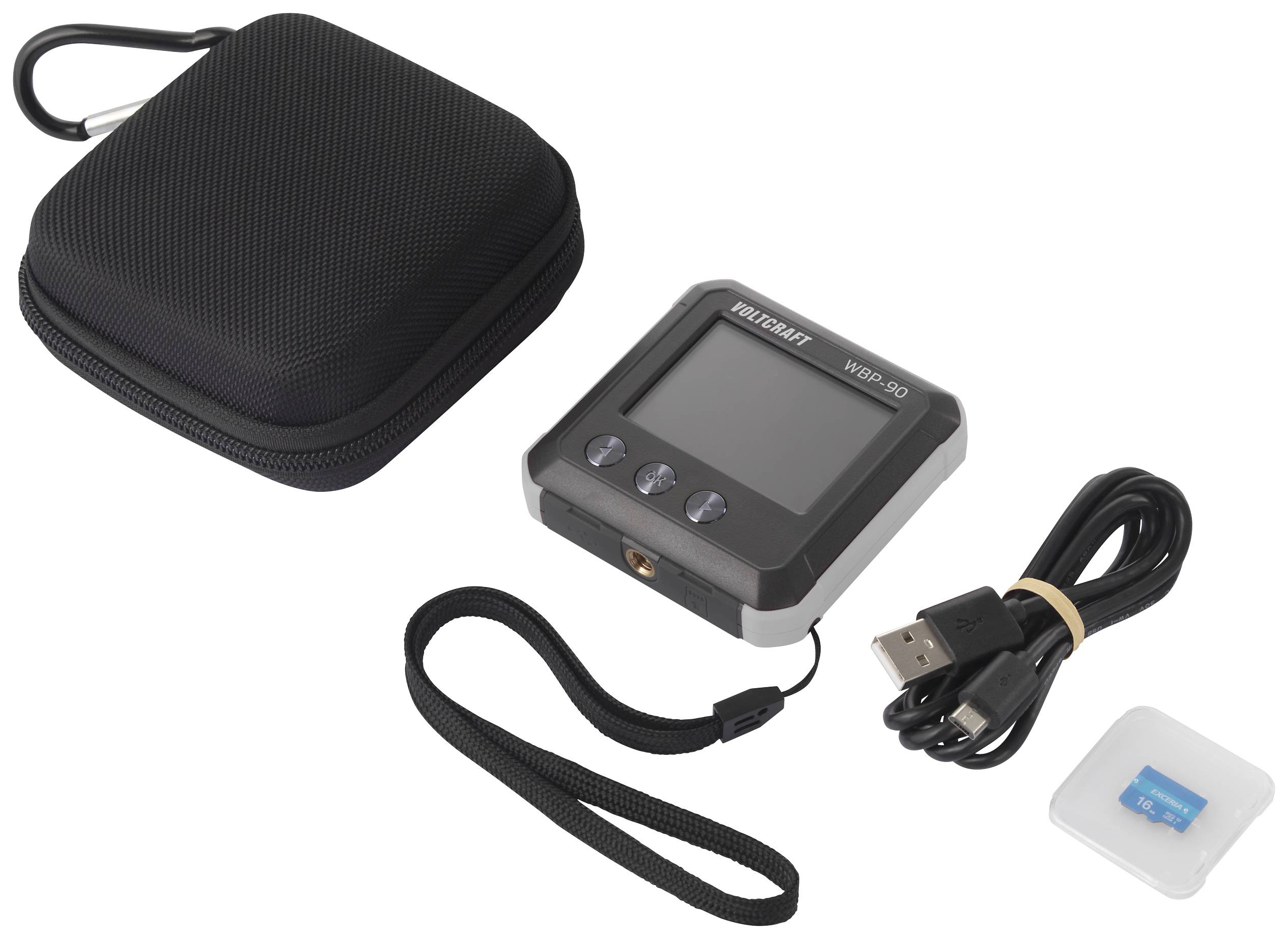 Batteriediagnosegerät mit Display, USB-Kabel, Aufbewahrungstasche und MicroSD-Karte. Ideal zur Überprüfung der Fahrzeugbatterie.