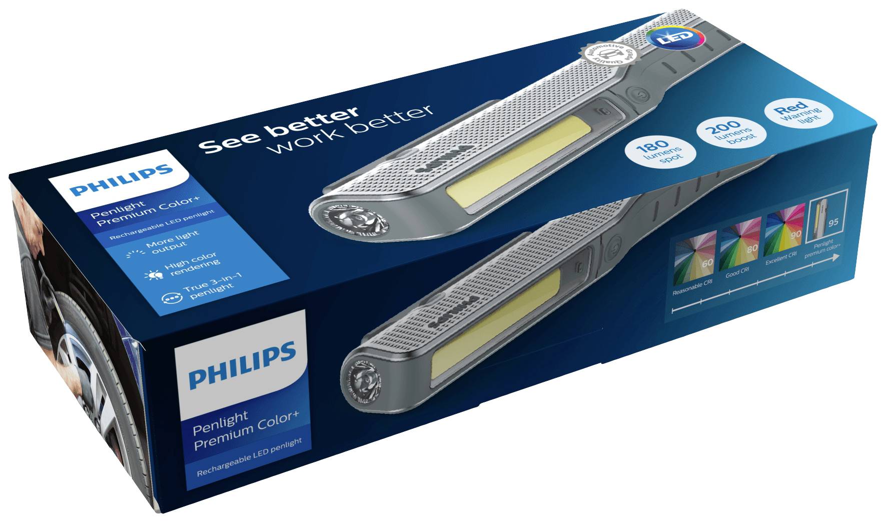 'Philips Stiftlampe Premium Color' Verpackung. Blaue Box mit Bild der grauen Lampe, LED-Leuchtkraftangaben und Farbwiedergabeoptionen.