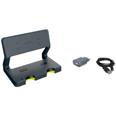 Ladestation mit zwei Steckplätzen, USB-Netzteil und Kabel. Geeignet zum gleichzeitigen Laden mehrerer Geräte.