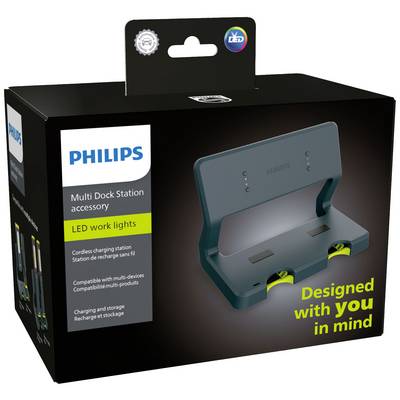 'Philips Multi Dock Station' Verpackung mit Ladegerät-Abbildung. Beschriftung: 'LED work lights', 'Designed with you in mind'.