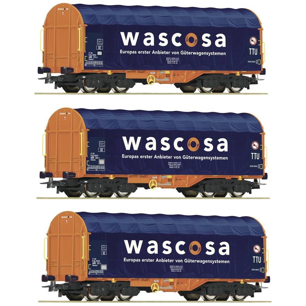 Roco 76009 H0 3-delige set schuifplanwagens van de Wascosa