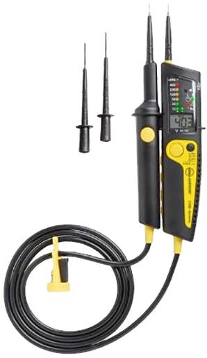 Spannungsprüfer mit LCD-Anzeige und Prüfspitzen, zeigt 400 V an. Enthält zwei abnehmbare Sonden für Spannungsmessungen.