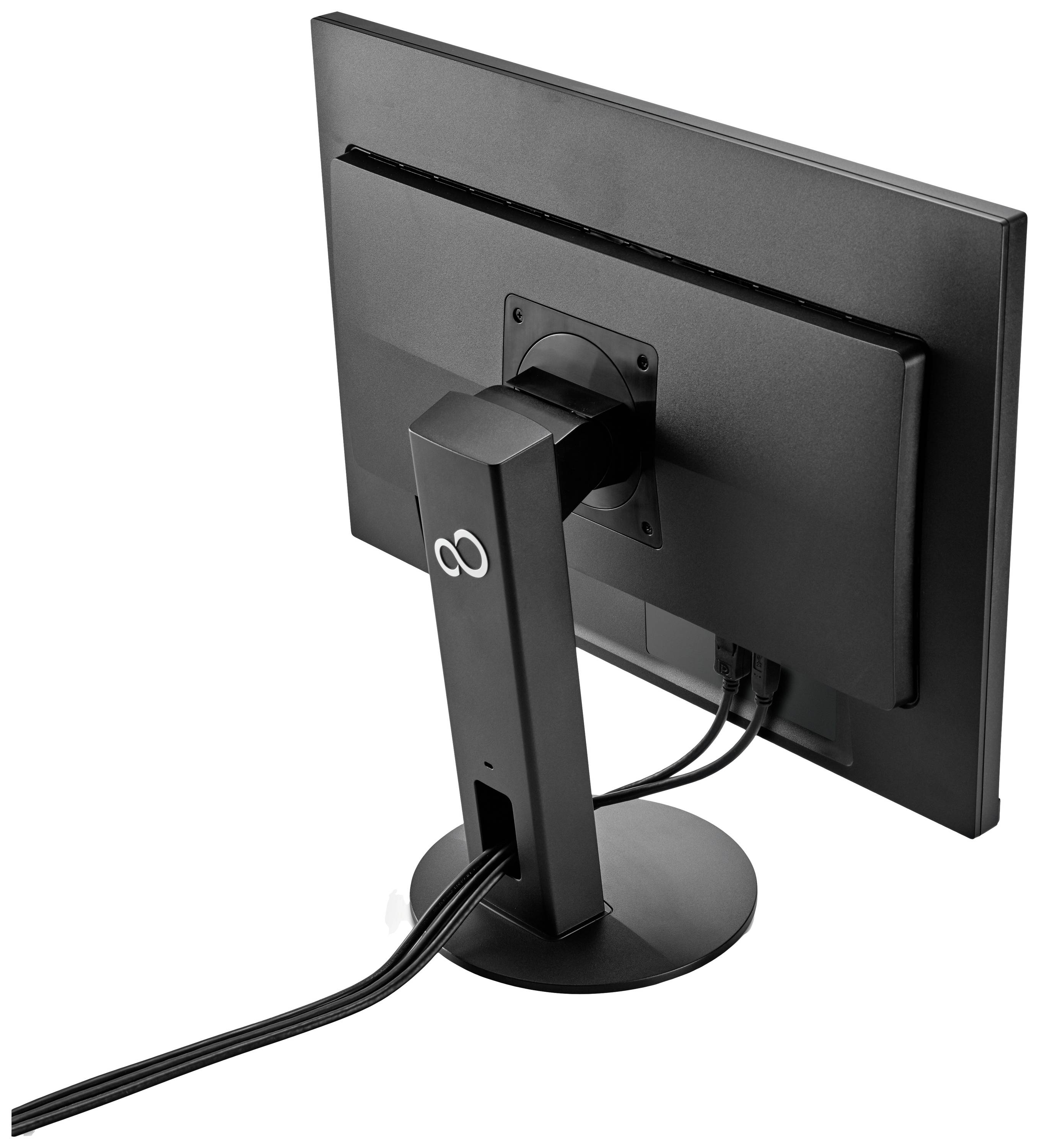 Ein Flachbildschirm-Monitor von hinten, auf einem zylindrischen Standfuß montiert, mit sichtbaren Anschlusskabeln.