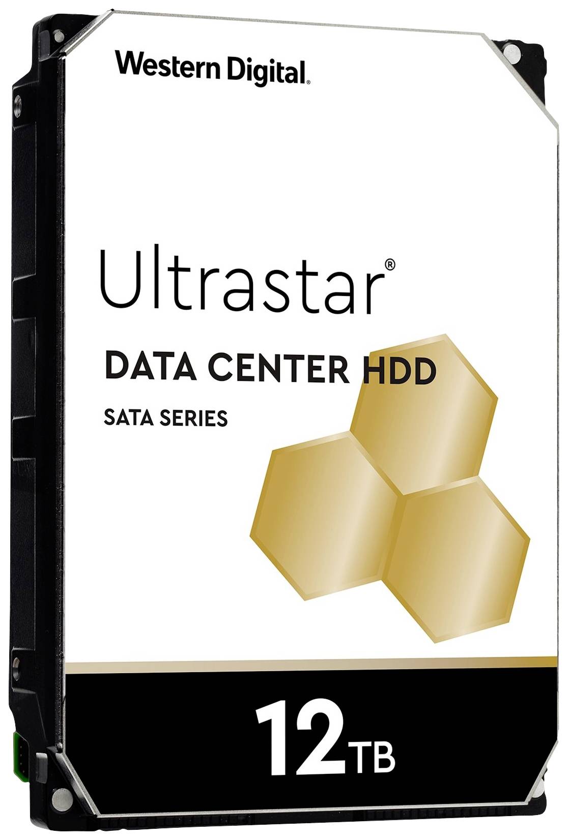 Western Digital Ultrastar 12TB Data Center HDD, SATA-Serie mit drei sechseckigen goldenen Symbolen, vertikale Ansicht.