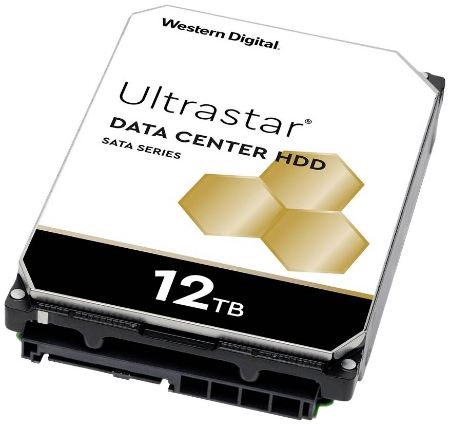 Eine Western Digital Ultrastar Festplatte mit 12 TB Speicherkapazität, geeignet für Datenzentren, aus der SATA-Serie.