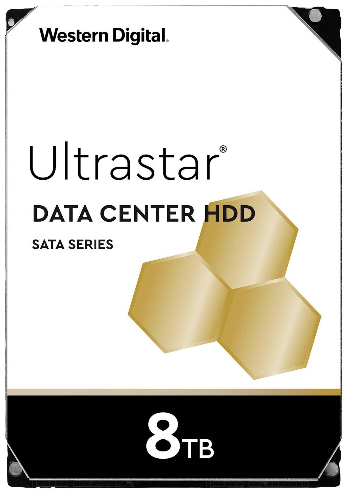 'Western Digital Ultrastar Data Center HDD' mit 8 TB Kapazität aus der SATA-Serie. Goldene Hexagone veranschaulichen das Produkt.