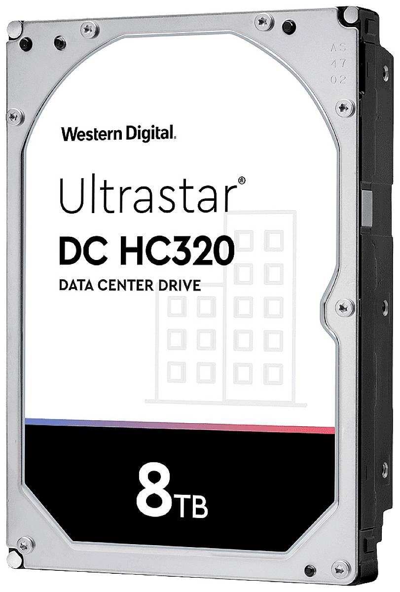 Externe Festplatte mit der Aufschrift 'Western Digital Ultrastar DC HC320, Data Center Drive, 8 TB'.
