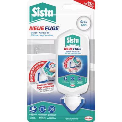 Verpackung eines Produkts zur Anwendung neuer Silikonfugen auf alten. Haupttext: 'NEUE FUGE'. Farbe: Grau. Einfache Anwendung direkt auf alte Fugen.
