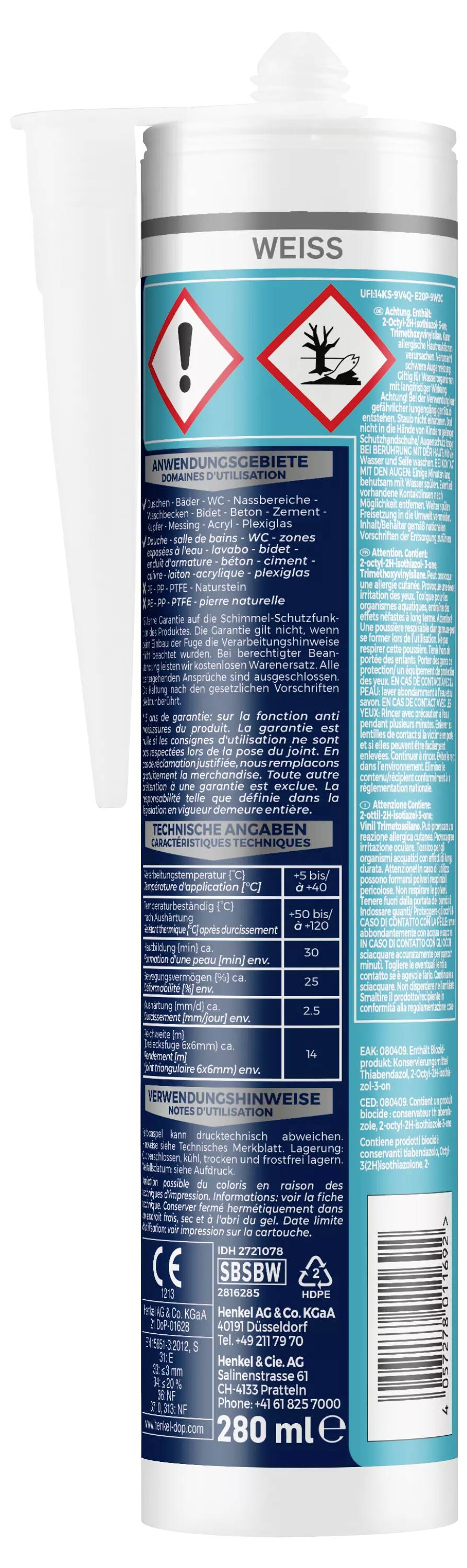 Kartusche mit weißem Dichtmittel, enthält Warnhinweise über Gesundheits- und Umweltrisiken, 280 ml.