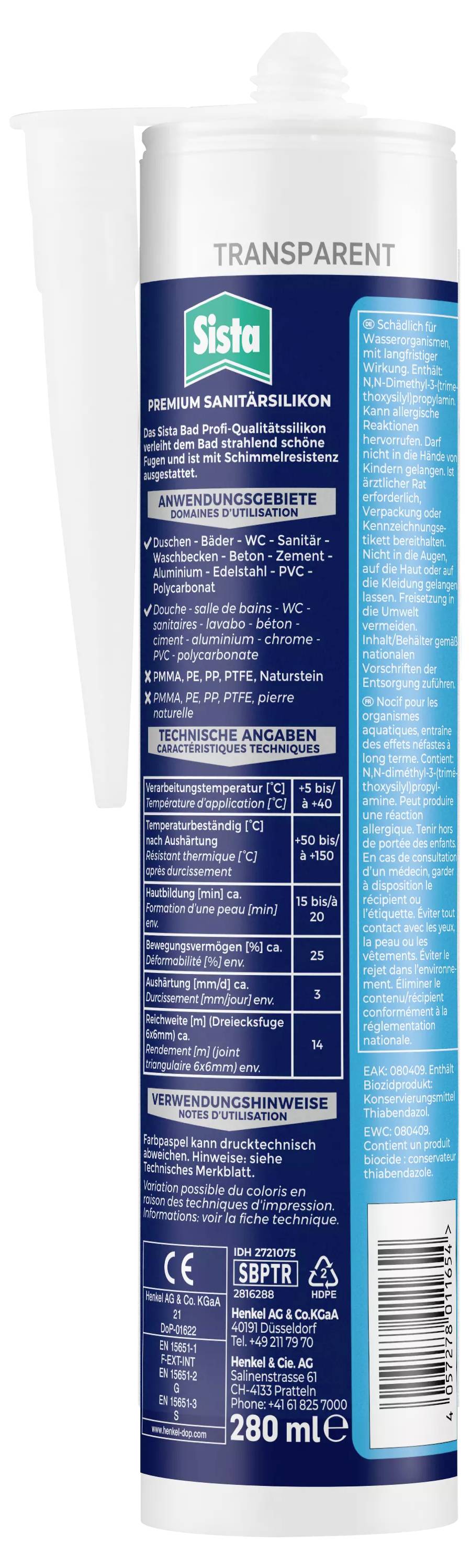 Tube mit Dichtstoff, Sista Premium Sanitärsilikon, transparent, 280 ml. Enthält Anweisungen zur Anwendung und Pflegehinweise.