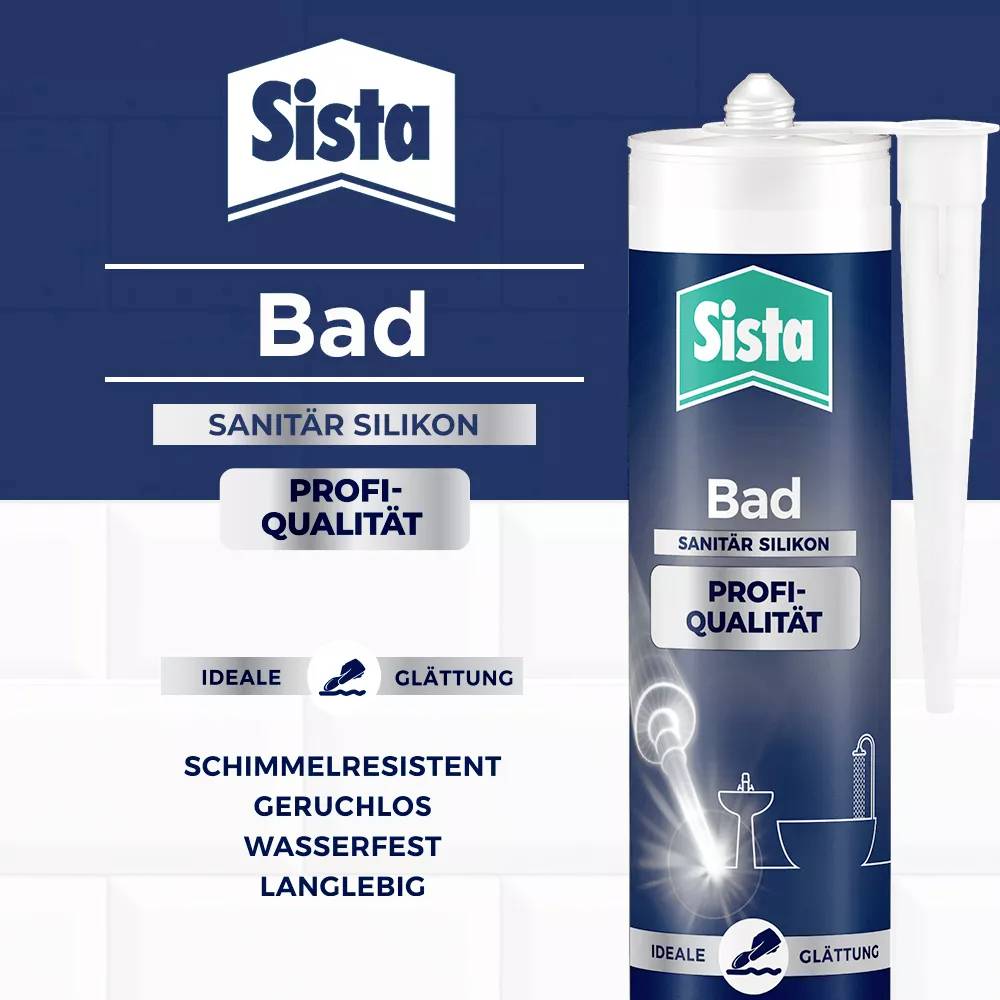 'Produktabbildung einer Sista Silikonkartusche. Text: Bad, Sanitär Silikon, Profi-Qualität. Eigenschaften: geruchlos, schimmelresistent, langlebig, wasserdicht, glättend.'
