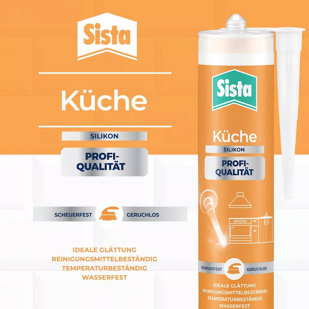 'Anzeige für Sista Küche Silikon, ideal für feuchtigkeitsbeständige Anwendungen. Text: Scheuerfest, geruchslos, wasserfest.'