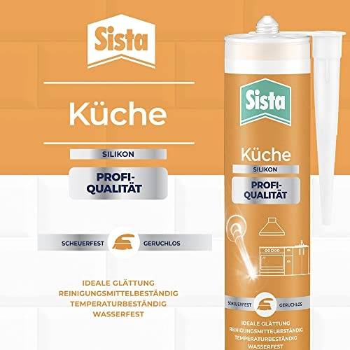 'Küche Silikon in Profi-Qualität von Sista', ideal für fugenlose Anwendung, reinigungsmittel- und temperaturbeständig. Enthält Applikator.
