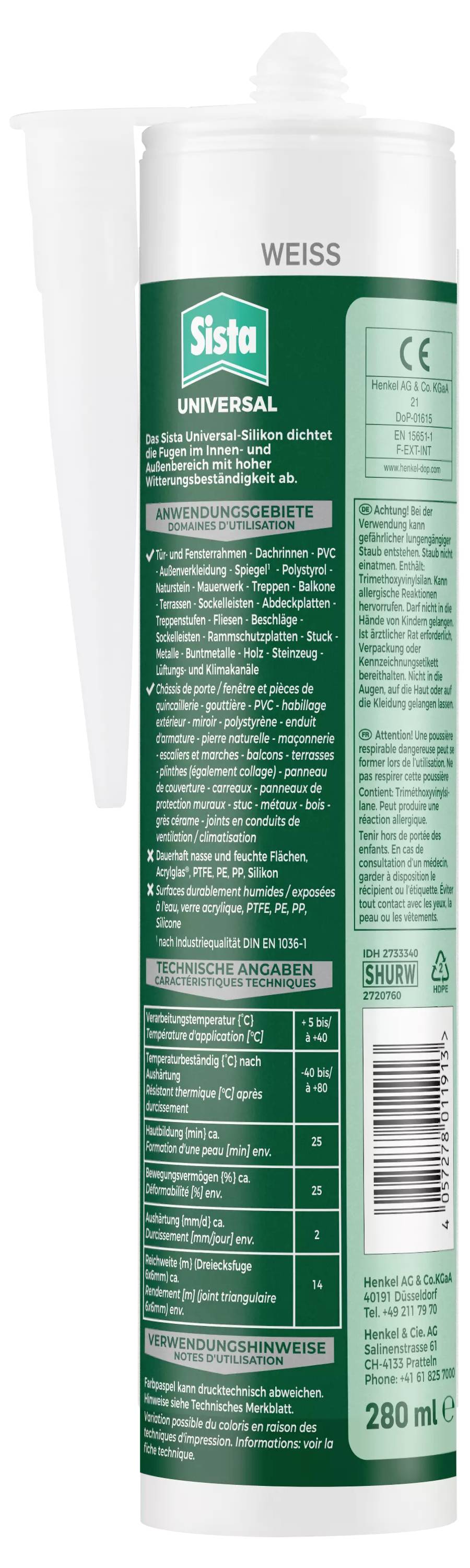 Kartusche mit Dichtmasse von Sista, weiß, 280 ml. Enthält Informationen zur Anwendung sowie technische Details auf der Verpackung.