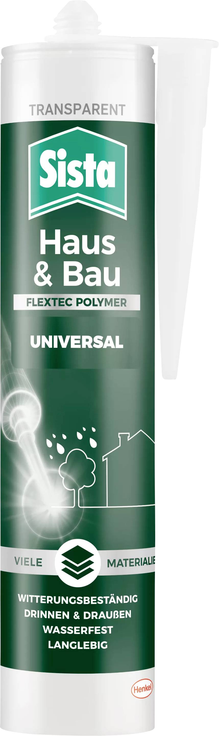 Kartusche 'Sista Haus & Bau Universal' in Grün, enthält transparenten Flextec-Polymer-Dichtstoff. Für vielseitige Materialien, witterungsbeständig.
