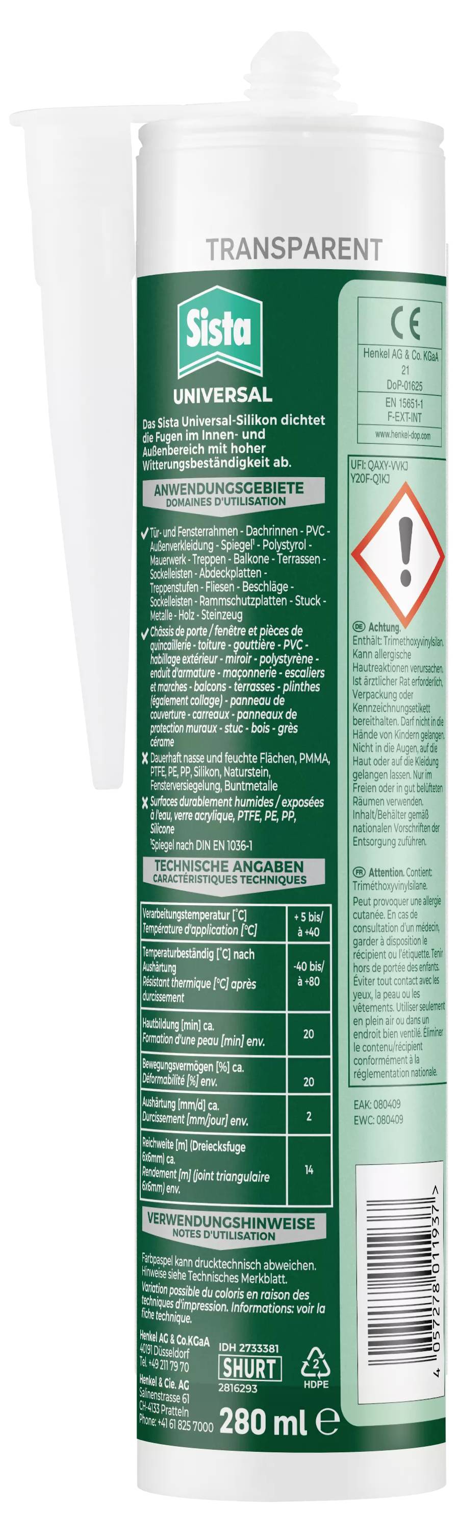 Kartusche mit transparentem Dichtmittel 'Sista Universal' 280 ml, grün-weißes Etikett. Enthält Anwendungsbeschreibung und Sicherheitshinweise.