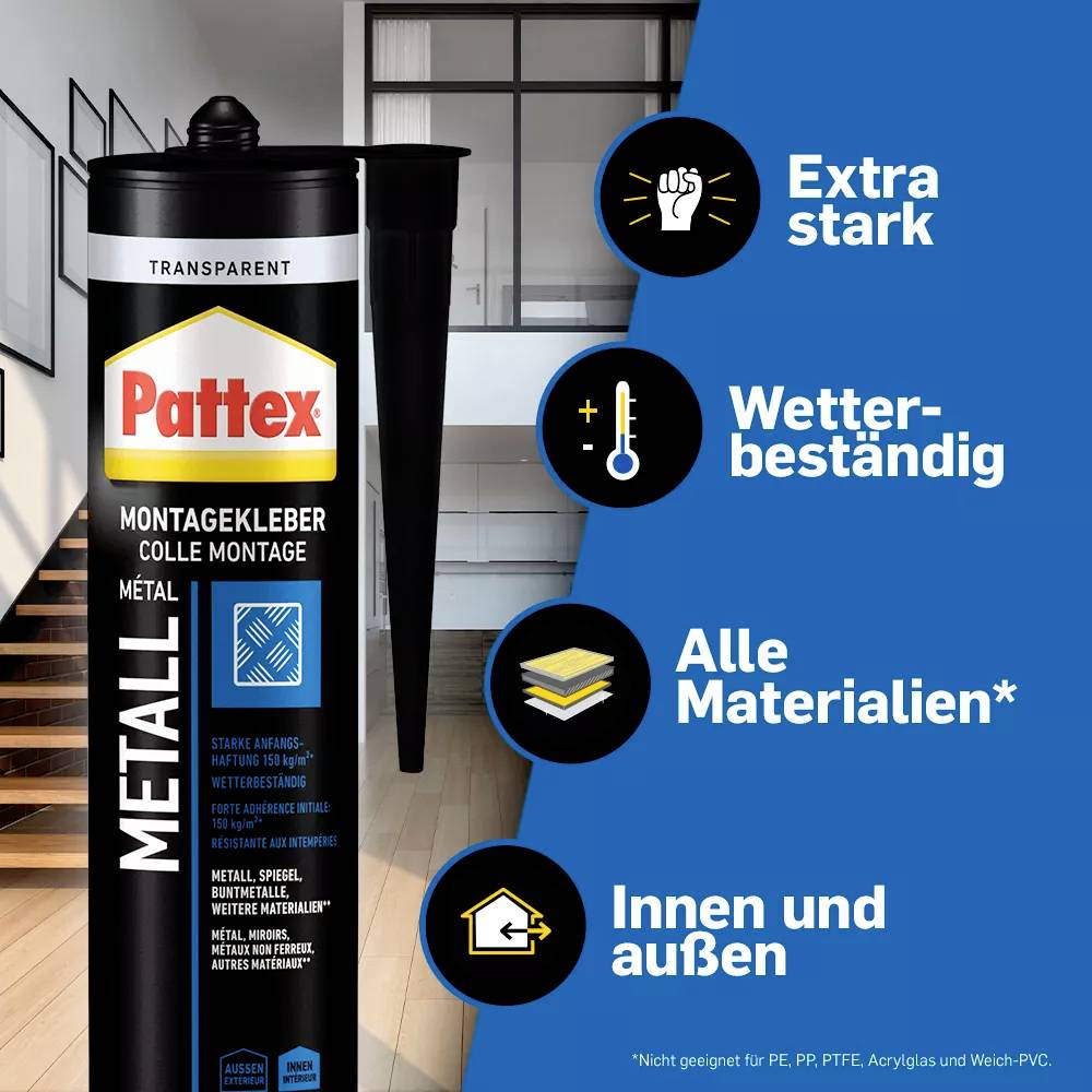 'Pattex transparent Montagekleber für Metall, extra stark, wetterbeständig, für alle Materialien außer PE, PP, PTFE, Acrylglas, Weich-PVC.' Im Hintergrund Treppe und Fenster.