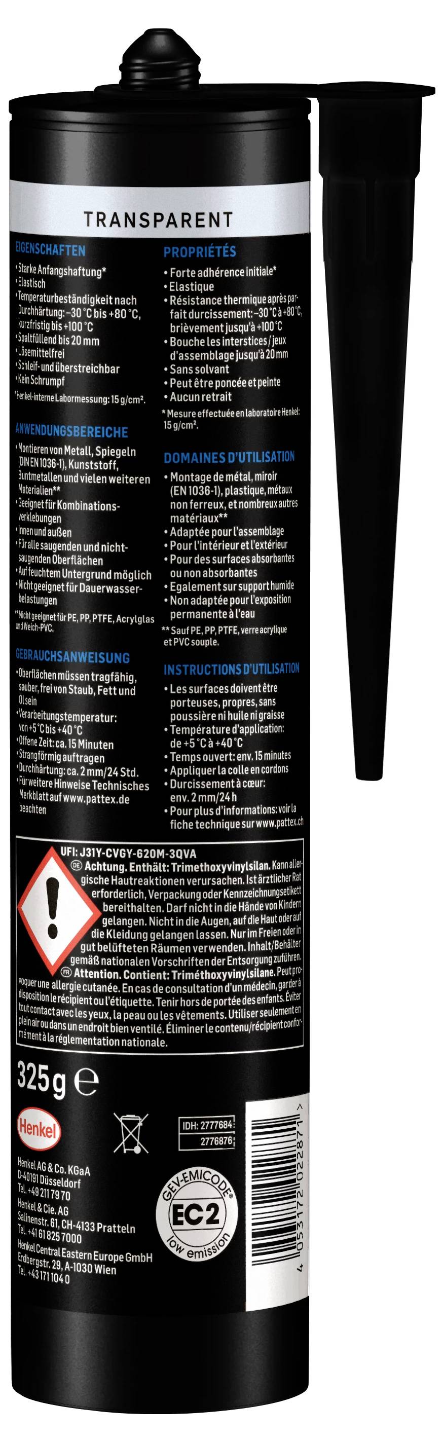 Schwarze Kartusche mit transparenter Aufschrift und rotem Warnsymbol, enthält Bau- oder Dichtmaterial. Gewicht: 325g.