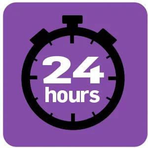 Stoppuhr-Symbol mit der Aufschrift '24 hours' auf lila Hintergrund.