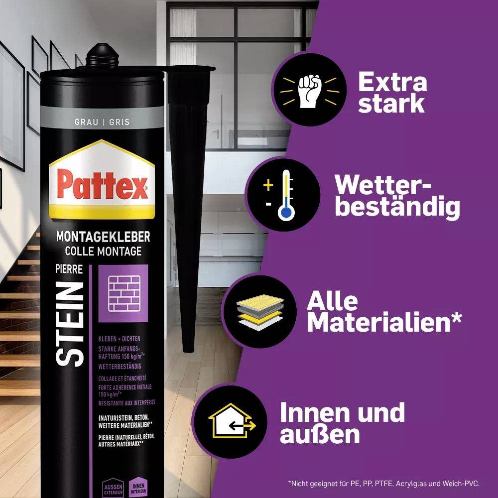 'Pattex Montagekleber für Stein, extra stark, wetterbeständig, geeignet für alle Materialien außer PE, PP, PTFE. Für innen und außen.'