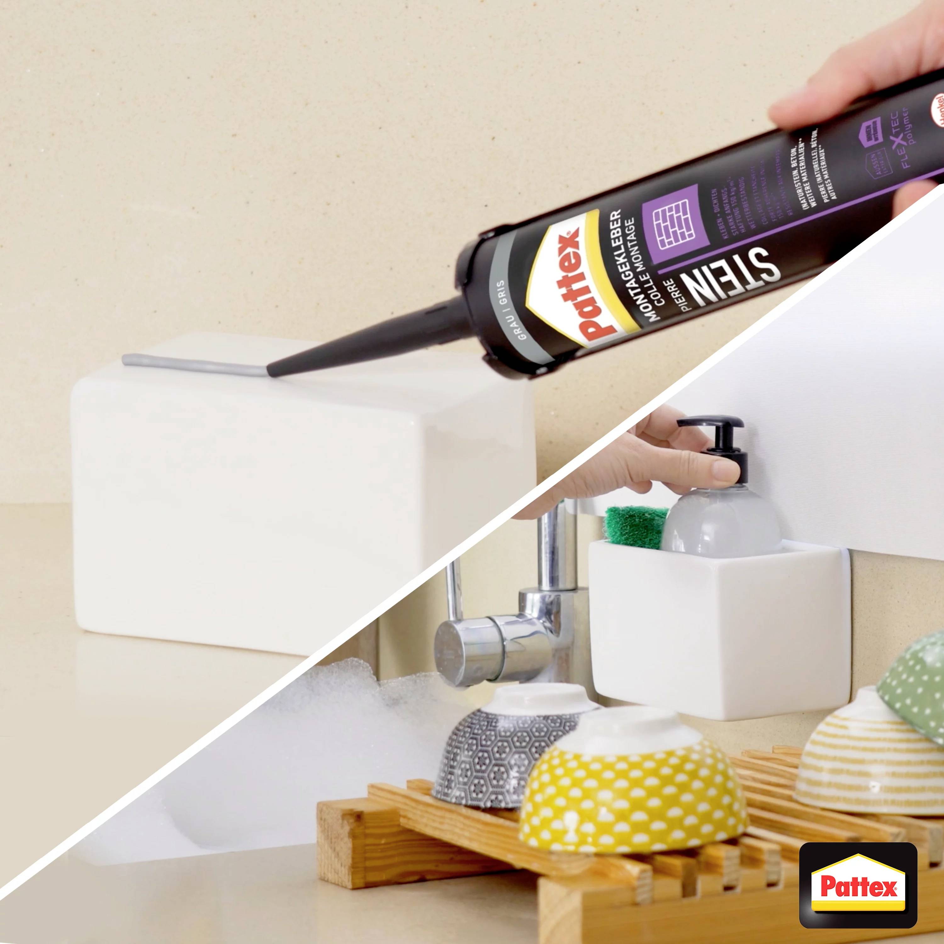 Eine Hand trägt Pattex Silikon auf eine weiße Oberfläche in einem Badezimmer auf, neben einem Wasserhahn und bunten Schalen.