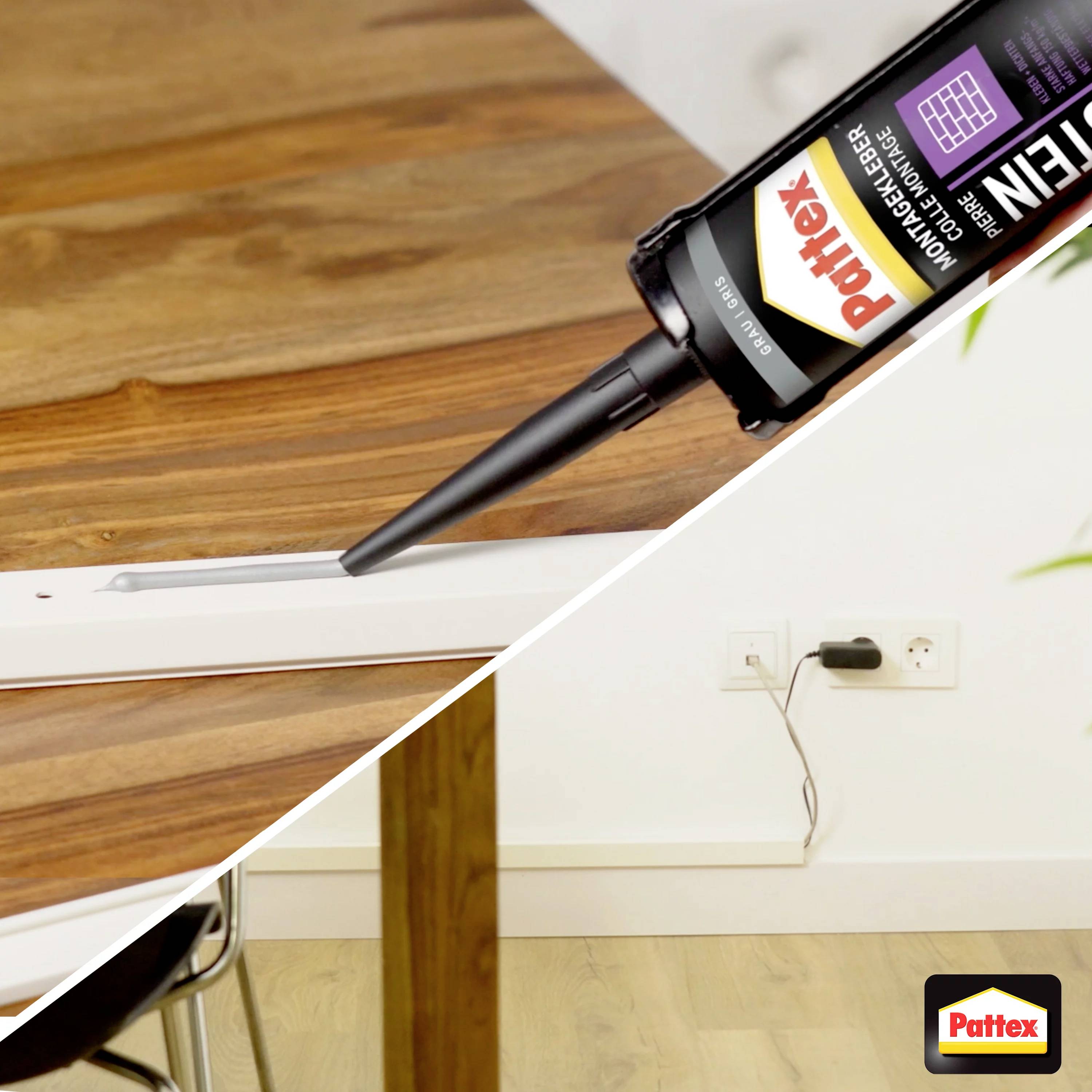 Zwei Bilder zeigen eine Anwendung von Pattex-Kleber: Ein Tisch wird stabilisiert, und Kabel an einer Wand befestigt.