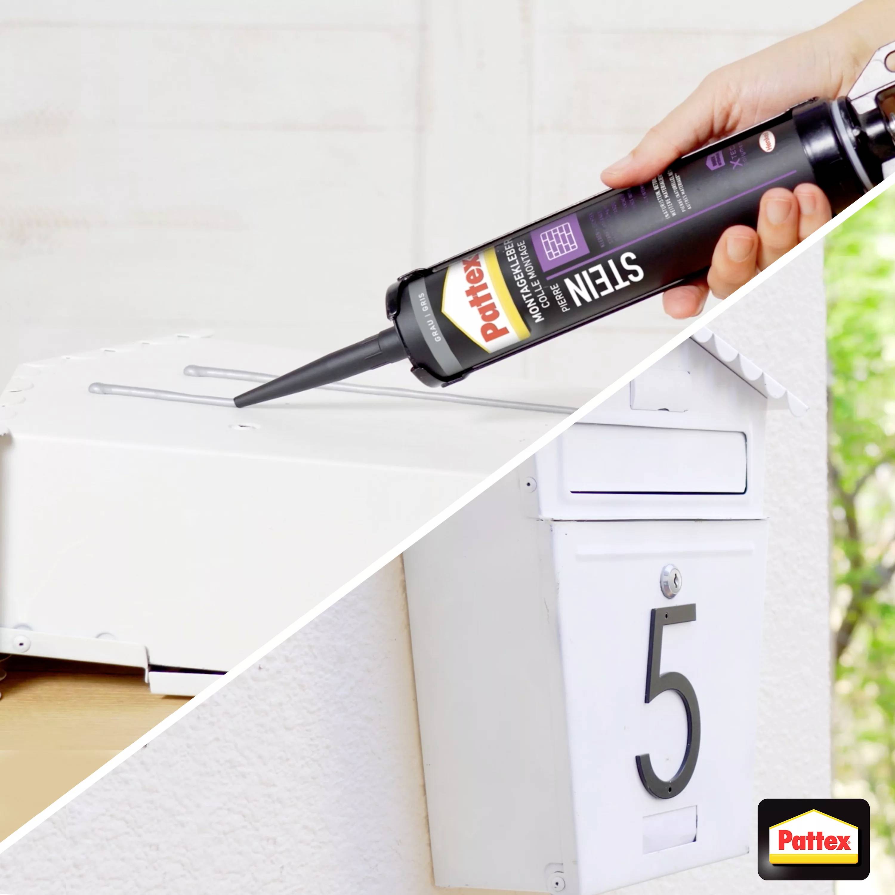 Hand trägt Pattex Kleber auf weißen Briefkasten auf. Oben links leere Box, unten rechts Logo. Produkt zur Reparatur und Abdichtung.
