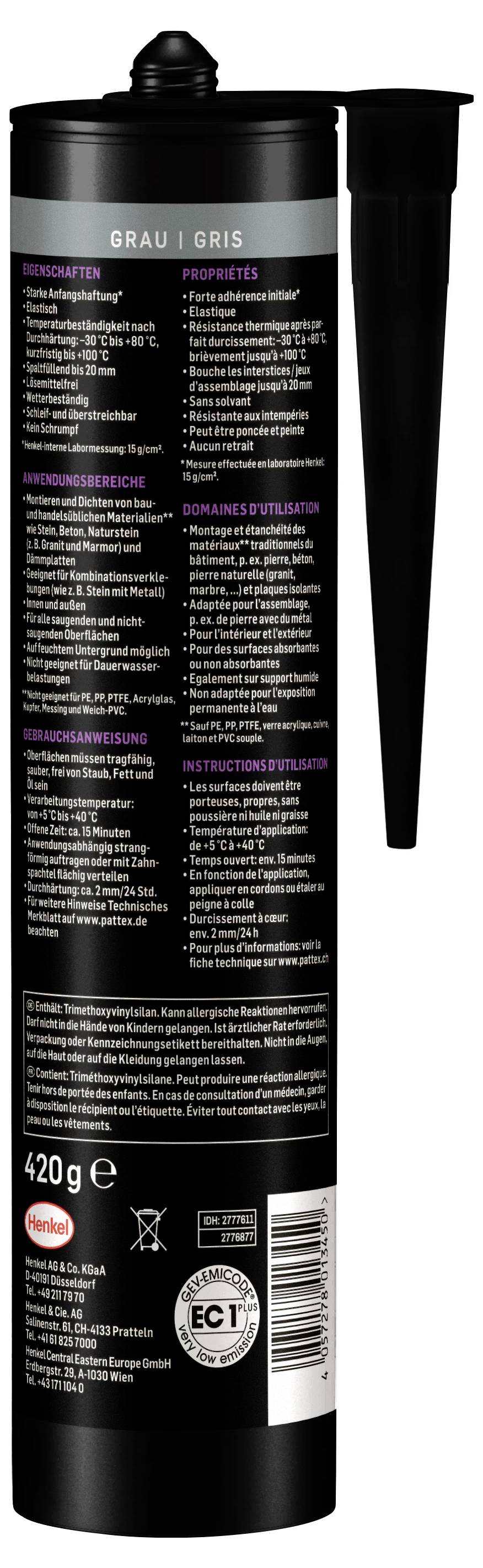 Eine schwarze Kartusche mit grauem Silikon, 420 g. Etikett enthält Informationen: Anwendungen, Eigenschaften, Anweisungen und Herstellerdetails in mehreren Sprachen.