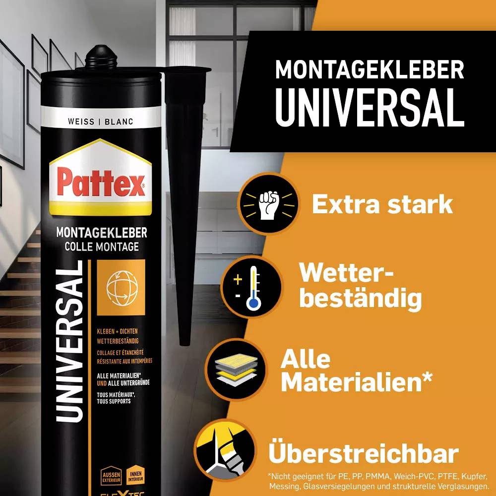 Eine Tube 'Montagekleber Universal' von Pattex. Beschriftet mit 'Extra stark', 'Wetterbeständig', 'Alle Materialien', 'Überstreichbar'.